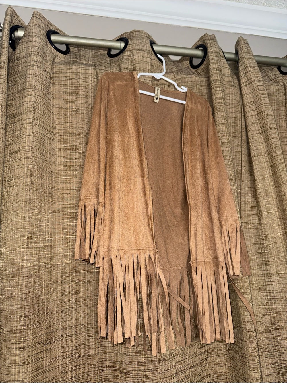 Pomelo Tan Fringe Open-Front Suede-Look Shrug